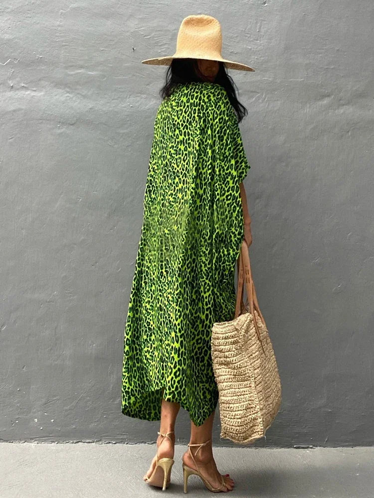 Robe Kimono Tie and Dye Manches Mi-longues Vert crépuscule