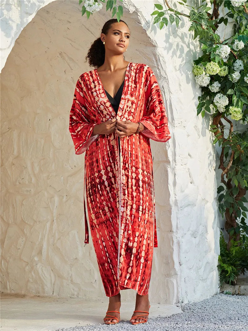 Kimono long mode bikini avec ceinture orange rayé
