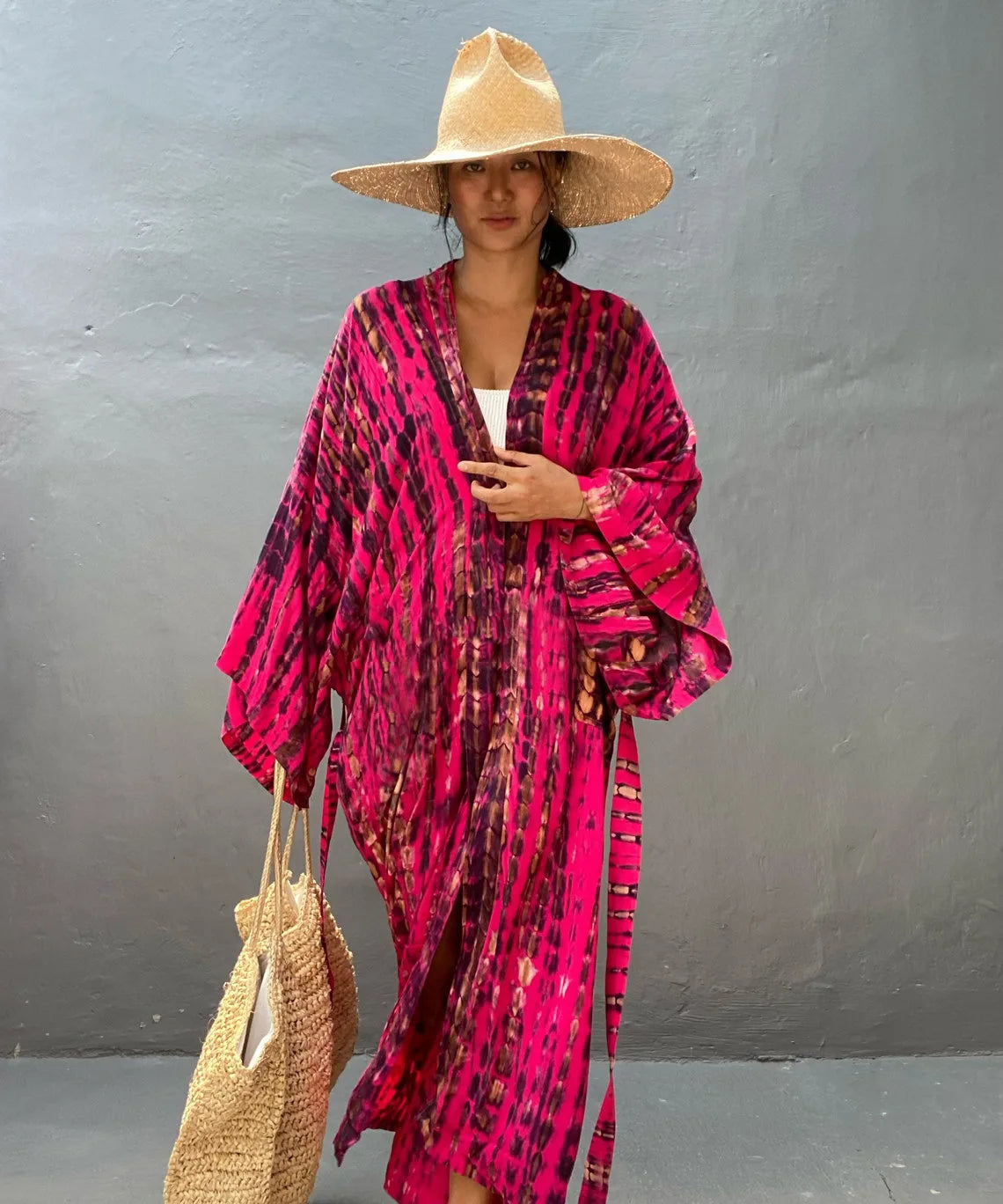 Kimono long mode bikini avec ceinture Rose rayé