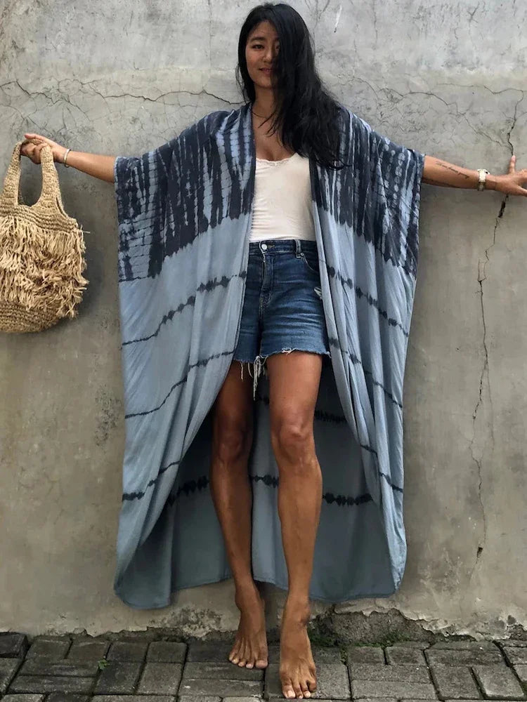 Robe Kimono Tie and Dye Manches Mi-longues Vert crépuscule