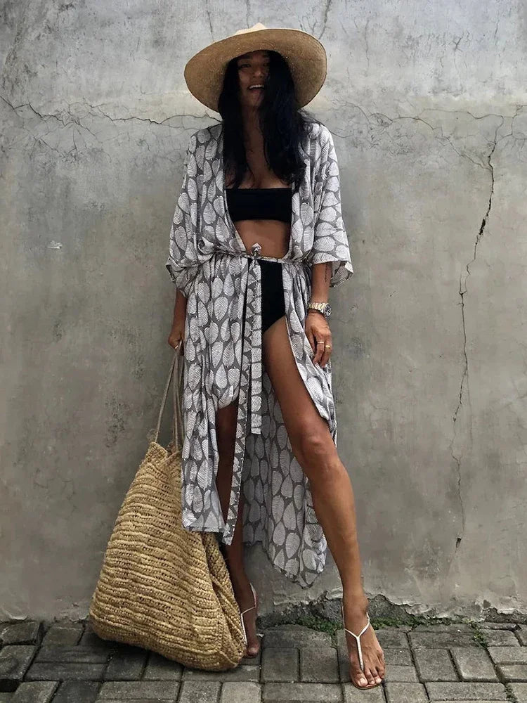 Robe Kimono Tie and Dye Manches Mi-longues Vert crépuscule