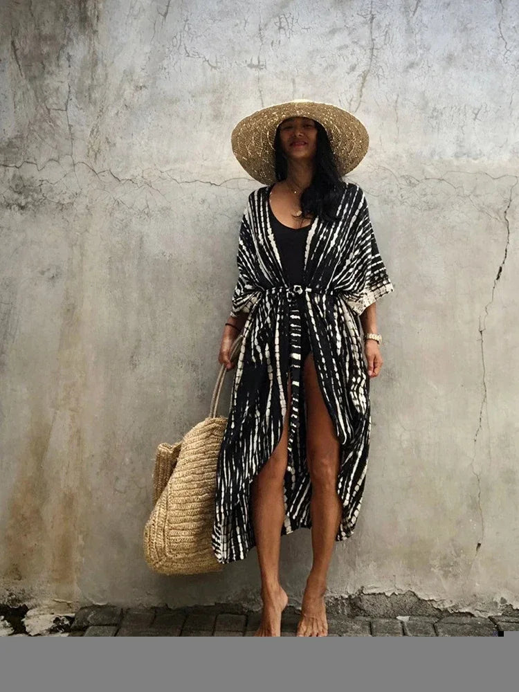 Robe Kimono Tie and Dye Manches Mi-longues Noir profond