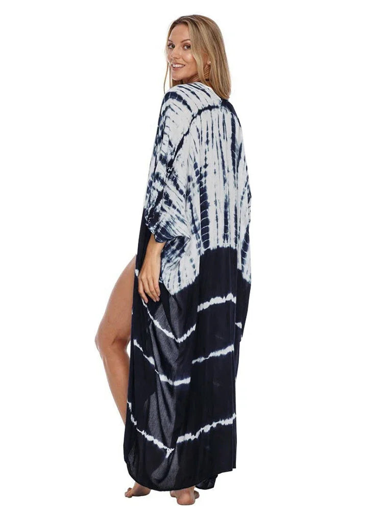 Robe Kimono Tie and Dye Manches Mi-longues Vert crépuscule