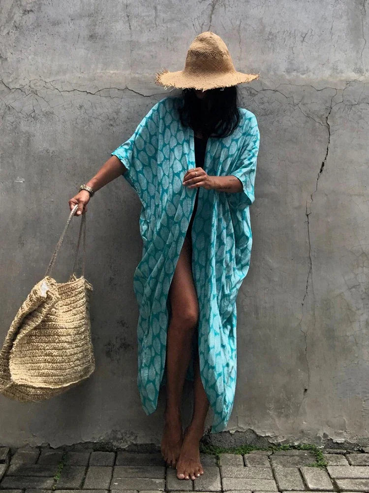 Robe Kimono Tie and Dye Manches Mi-longues Vert crépuscule