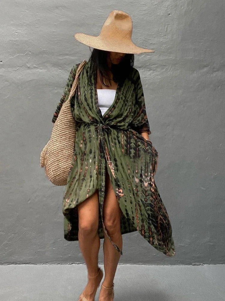 Robe Kimono Tie and Dye Manches Mi-longues Vert crépuscule