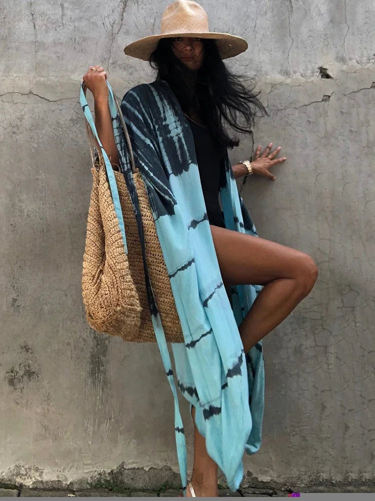 Robe Kimono Tie and Dye Manches Mi-longues Bleu des Caraïbes