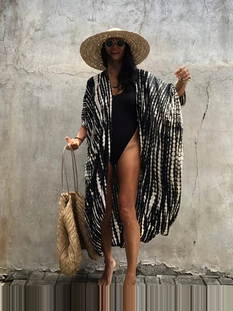 Robe Kimono Tie and Dye Manches Mi-longues Noir profond
