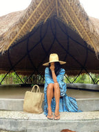 Kimono long mode bikini avec ceinture bleu clair rayé