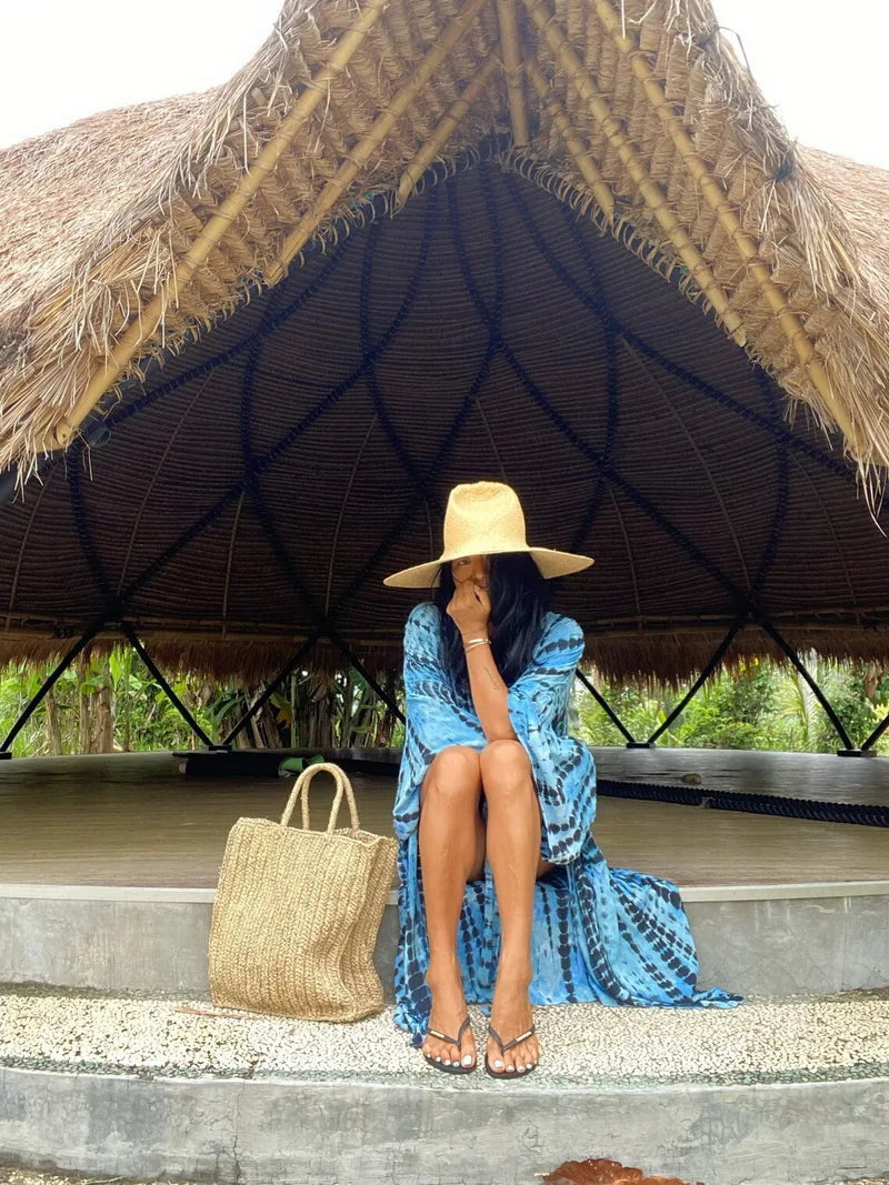 Kimono long mode bikini avec ceinture bleu clair rayé