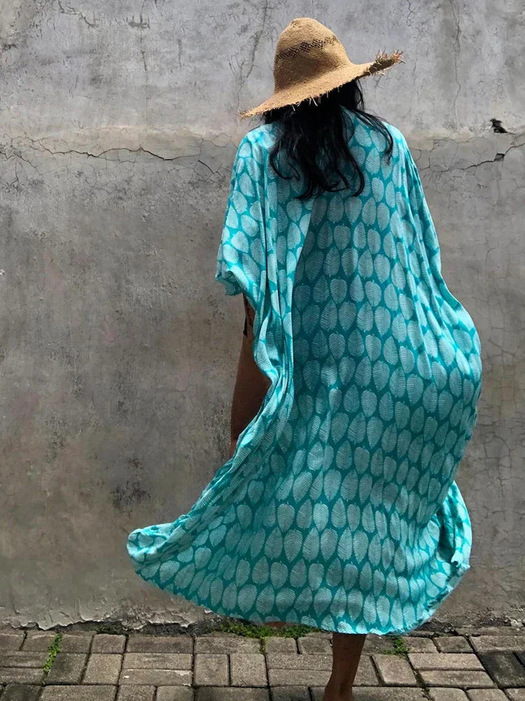 Robe Kimono Tie and Dye Manches Mi-longues Vert crépuscule