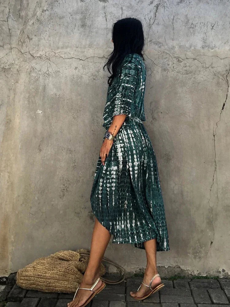 Robe Kimono Tie and Dye Manches Mi-longues Vert crépuscule