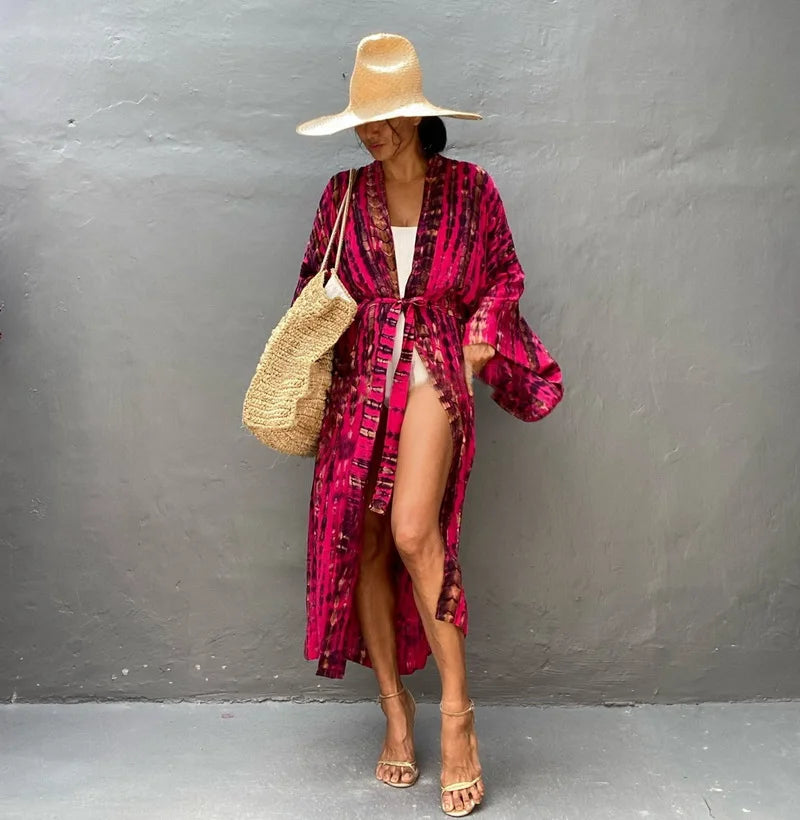 Kimono long mode bikini avec ceinture Rose rayé
