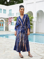 Kimono long mode bikini avec ceinture bleu rayé