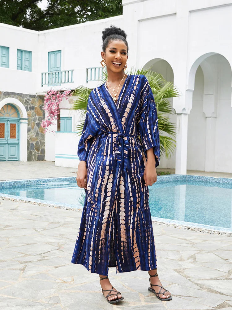 Kimono long mode bikini avec ceinture bleu rayé