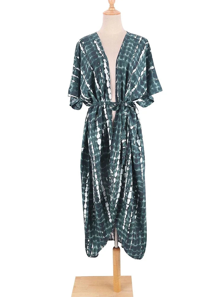 Robe Kimono Tie and Dye Manches Mi-longues Vert crépuscule