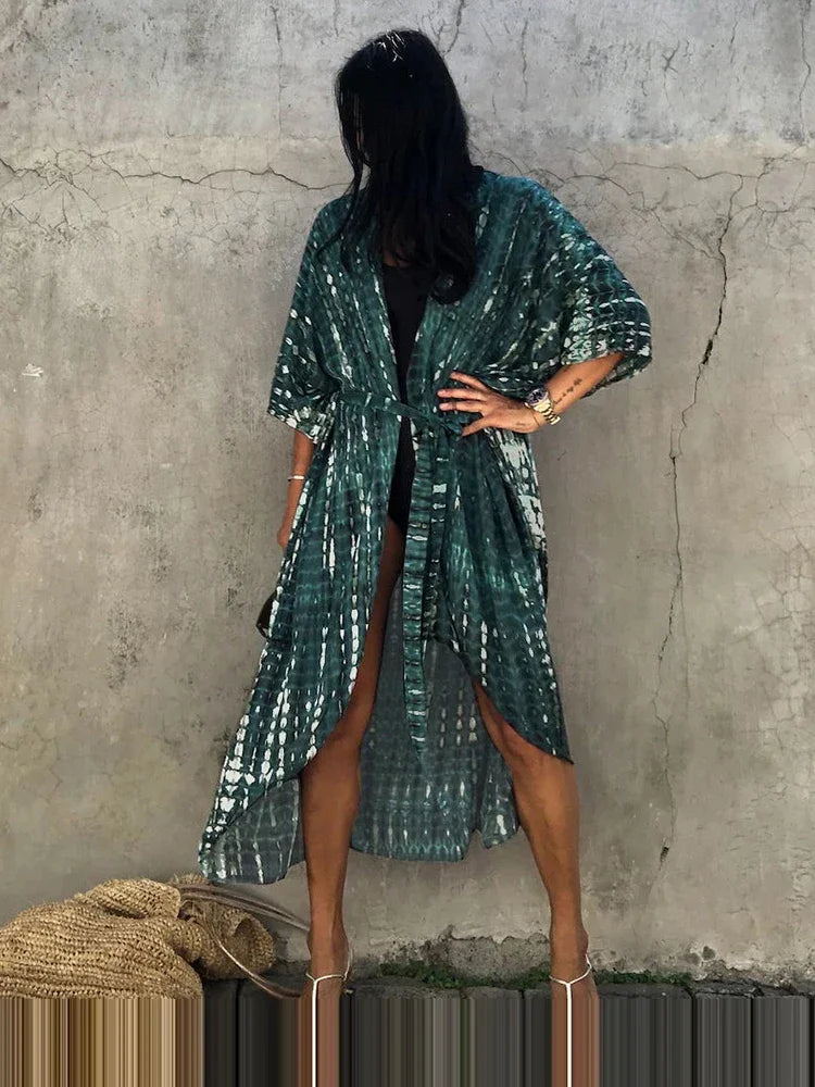 Robe Kimono Tie and Dye Manches Mi-longues Vert crépuscule