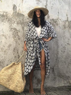 Robe Kimono Tie and Dye Manches Mi-longues Noir profond