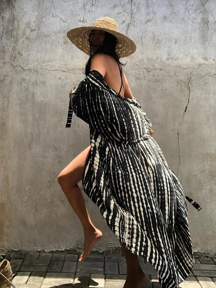 Robe Kimono Tie and Dye Manches Mi-longues Noir profond