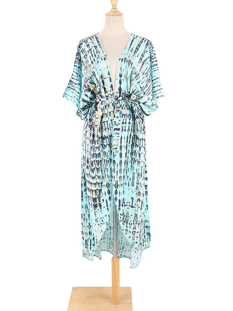 Robe Kimono Tie and Dye Manches Mi-longues Vert crépuscule