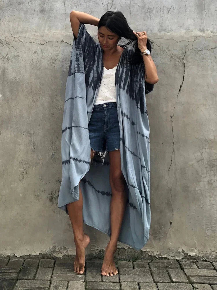 Robe Kimono Tie and Dye Manches Mi-longues Vert crépuscule