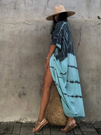 Robe Kimono Tie and Dye Manches Mi-longues Bleu des Caraïbes