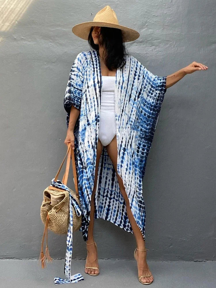 Robe Kimono Tie and Dye Manches Mi-longues Vert crépuscule