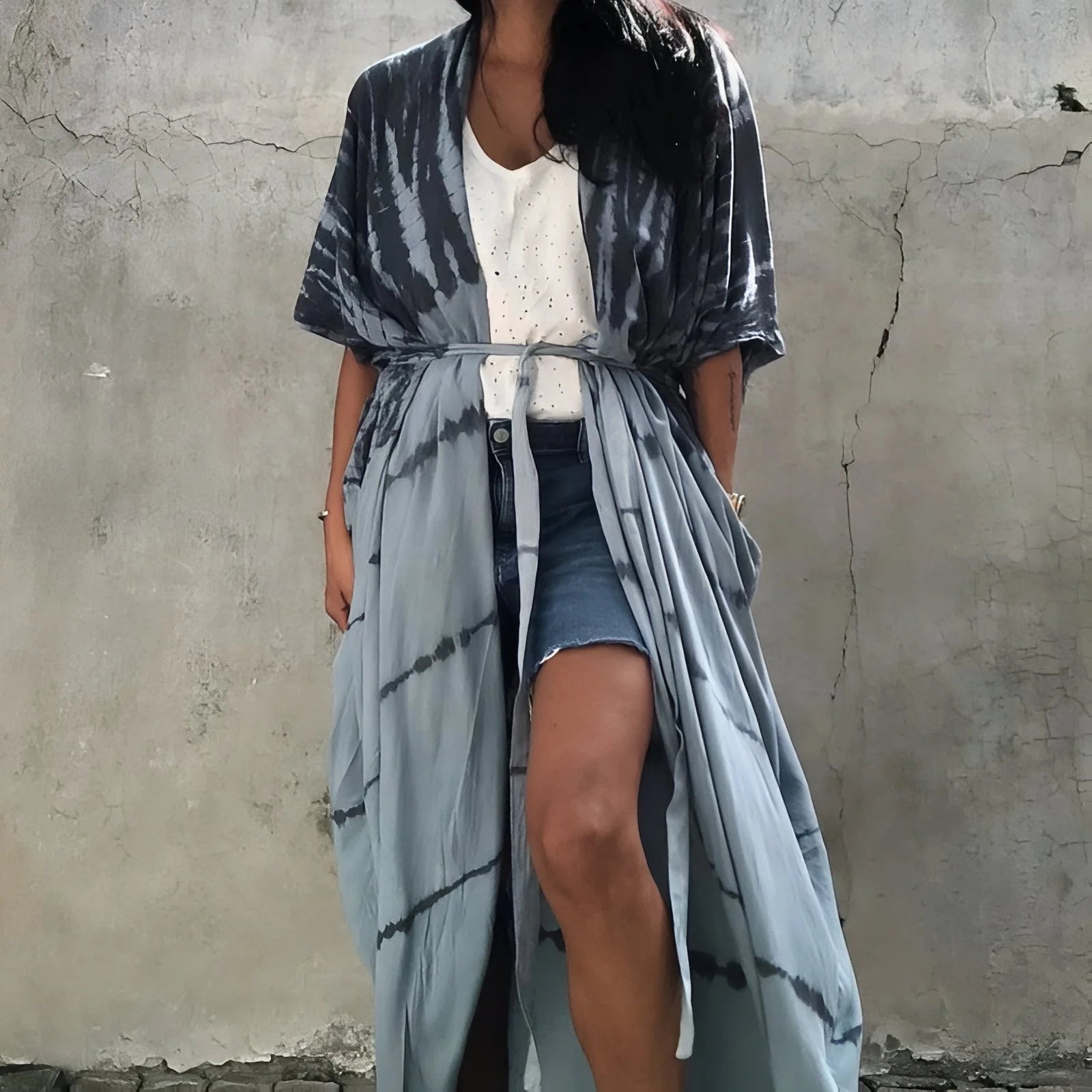 Robe Kimono Tie and Dye Manches Mi-longues Noir grisé