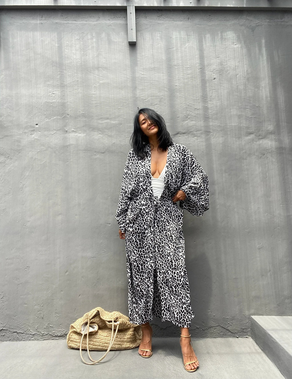 Robe Kimono Tie and Dye Manches Mi-longues Léopard des neiges