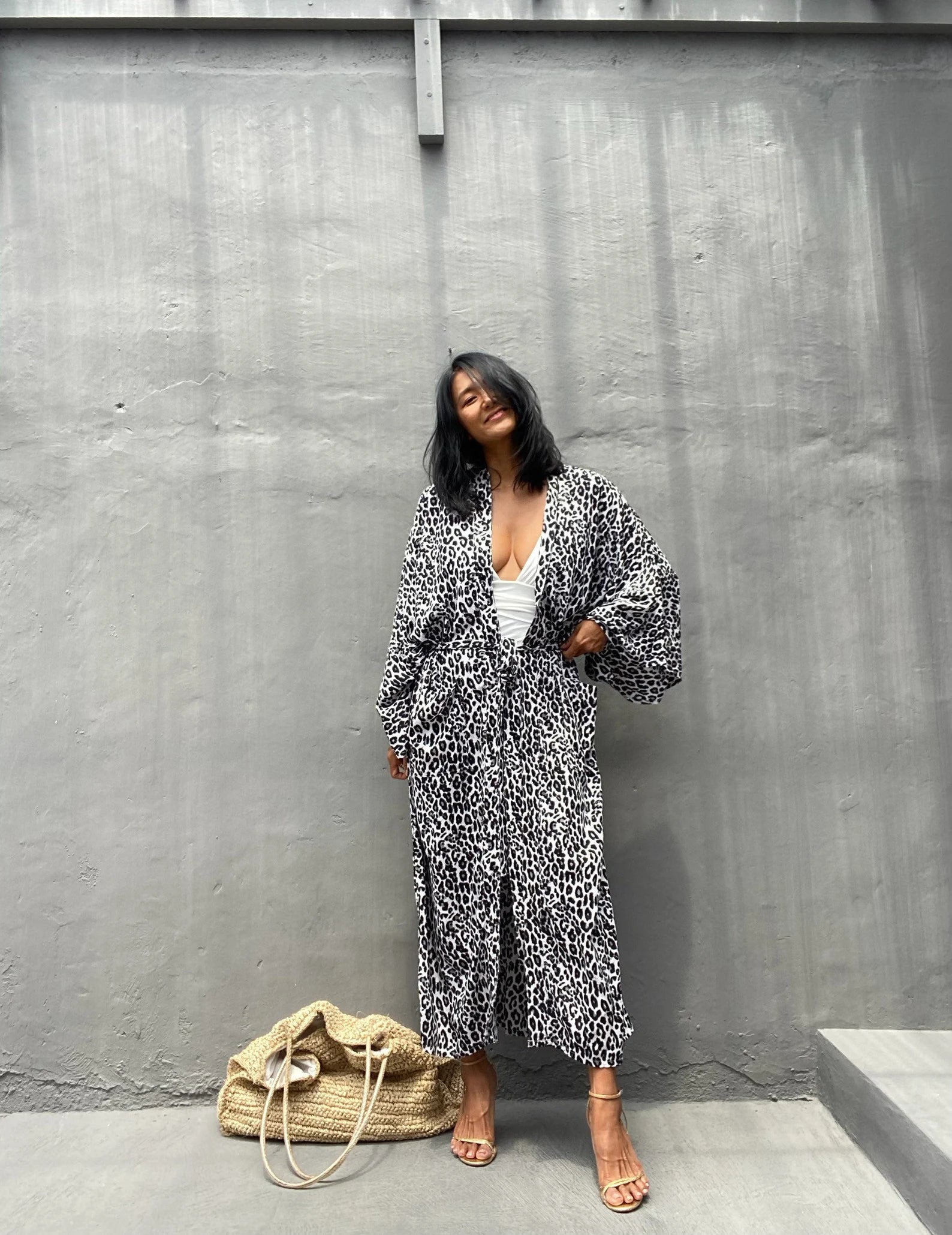 Robe Kimono Tie and Dye Manches Mi-longues Léopard des neiges