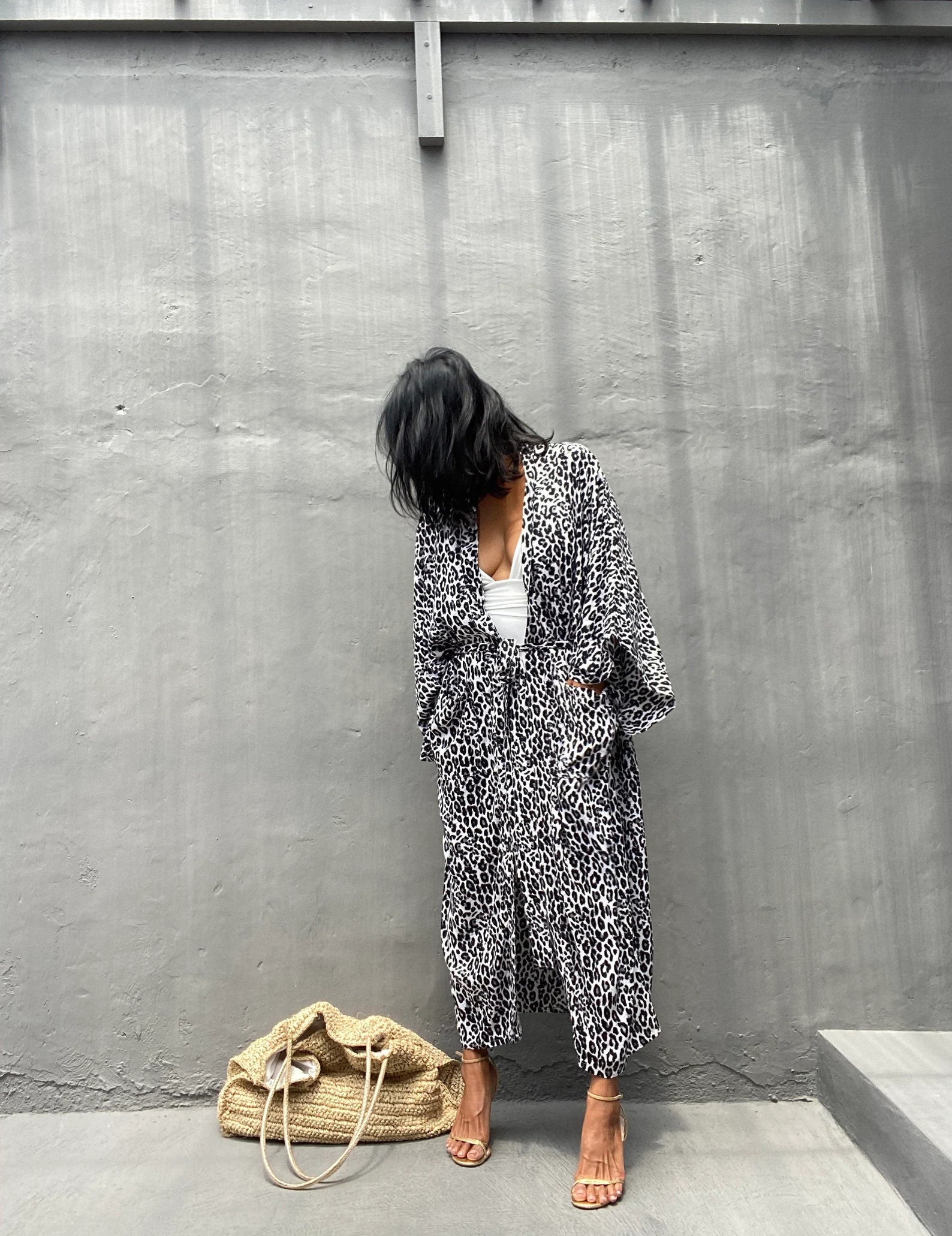Robe Kimono Tie and Dye Manches Mi-longues Léopard des neiges