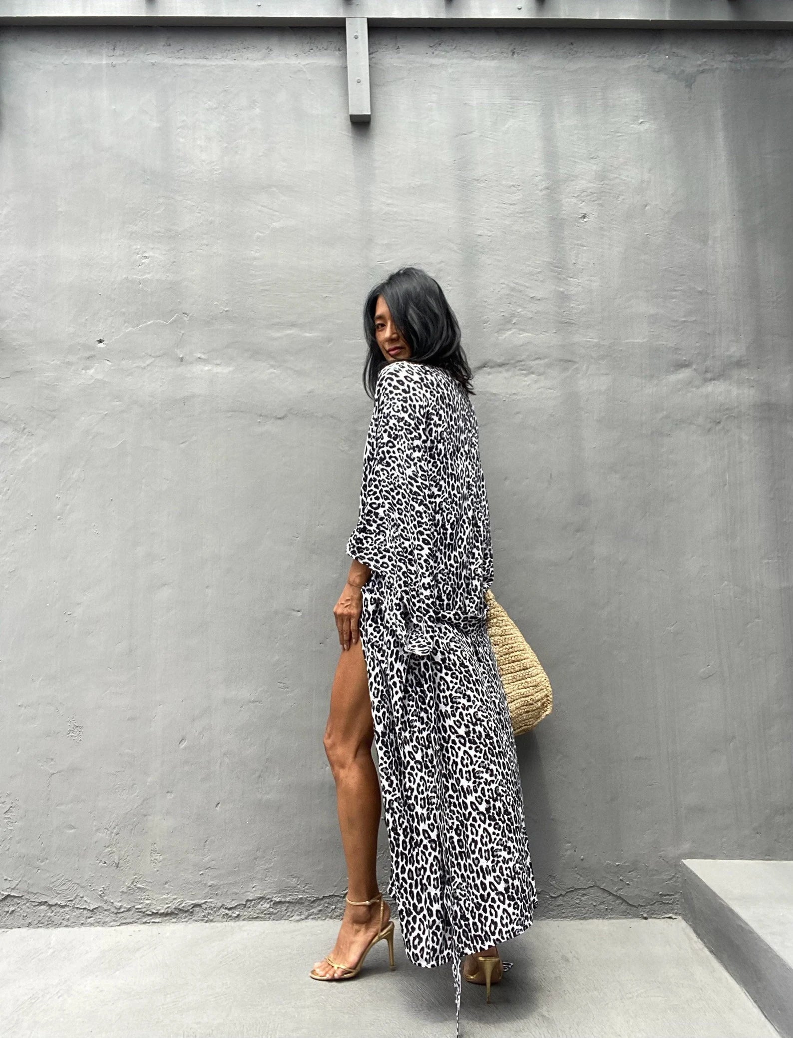 Robe Kimono Tie and Dye Manches Mi-longues Léopard des neiges