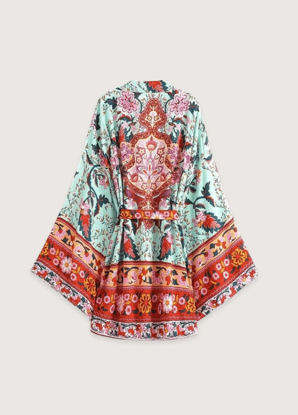 Kimono court floral vert et rose