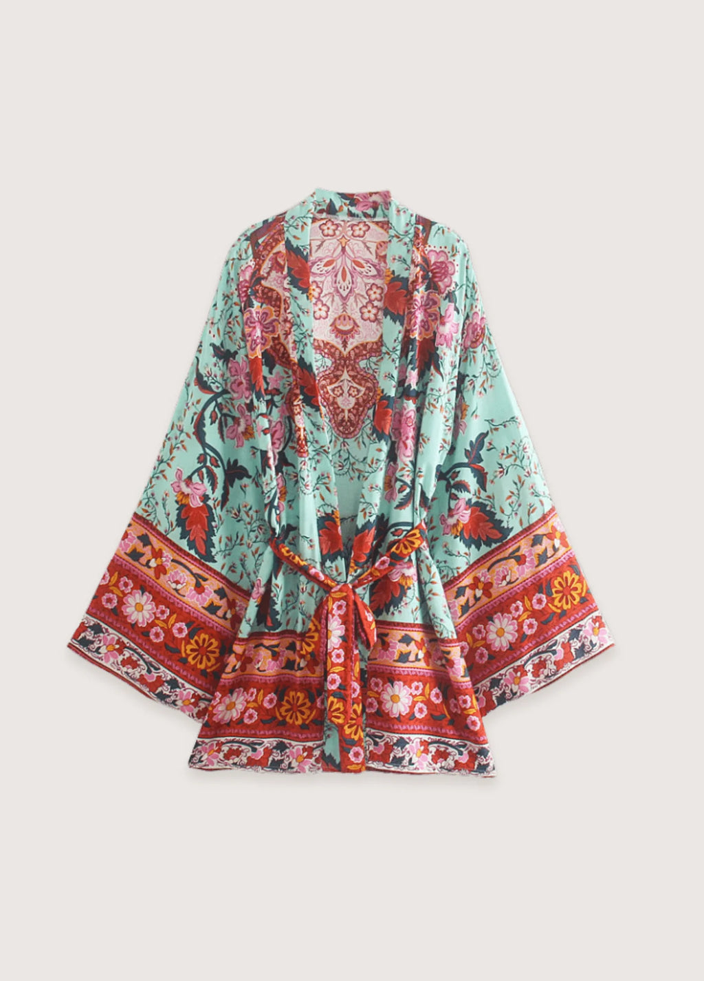 Kimono court floral vert et rose