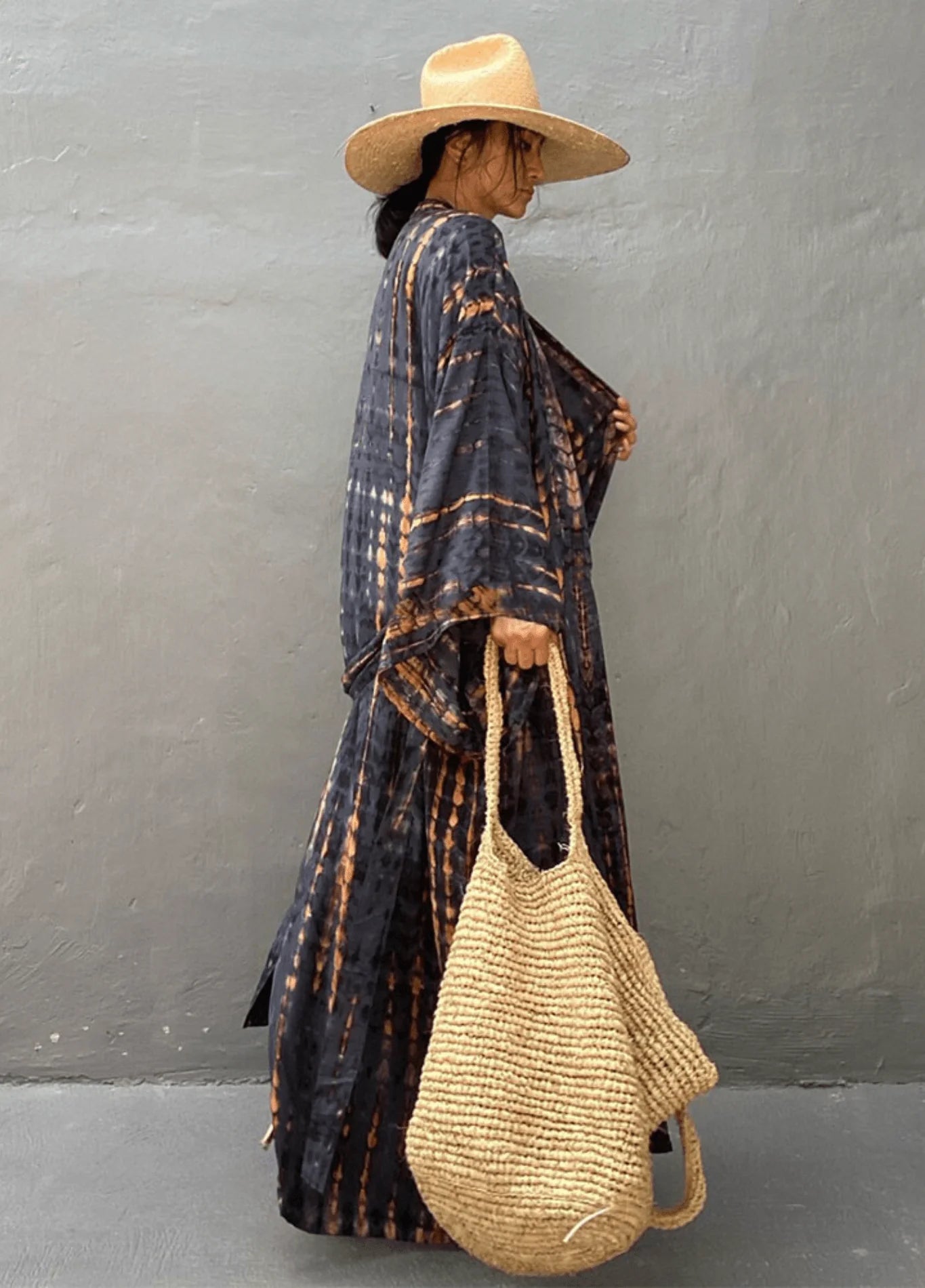 Robe Kimono Tie and Dye Manches Mi-longues Navy Blue