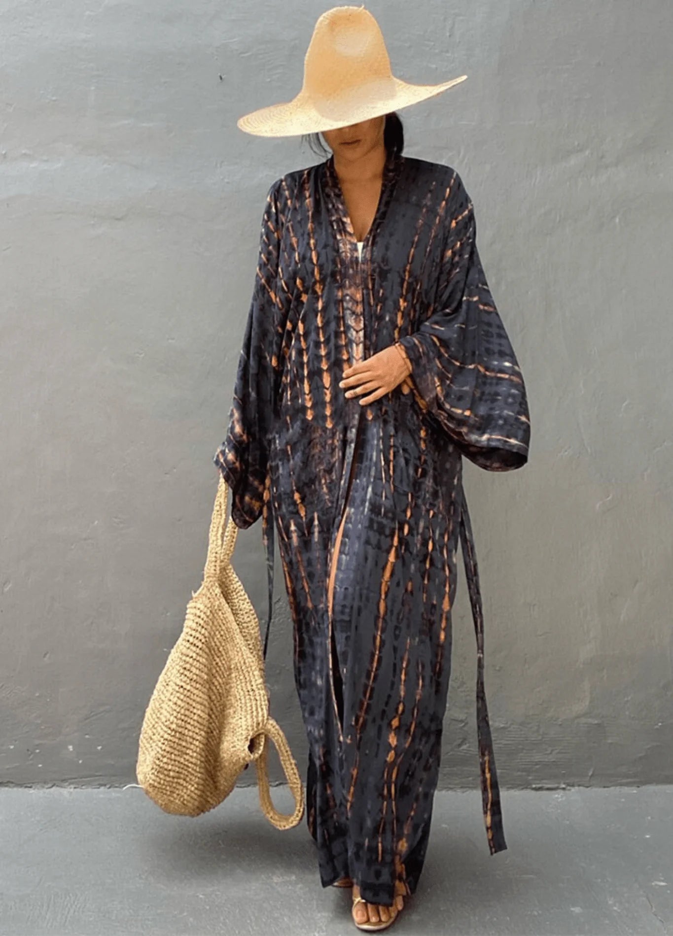 Robe Kimono Tie and Dye Manches Mi-longues Navy Blue