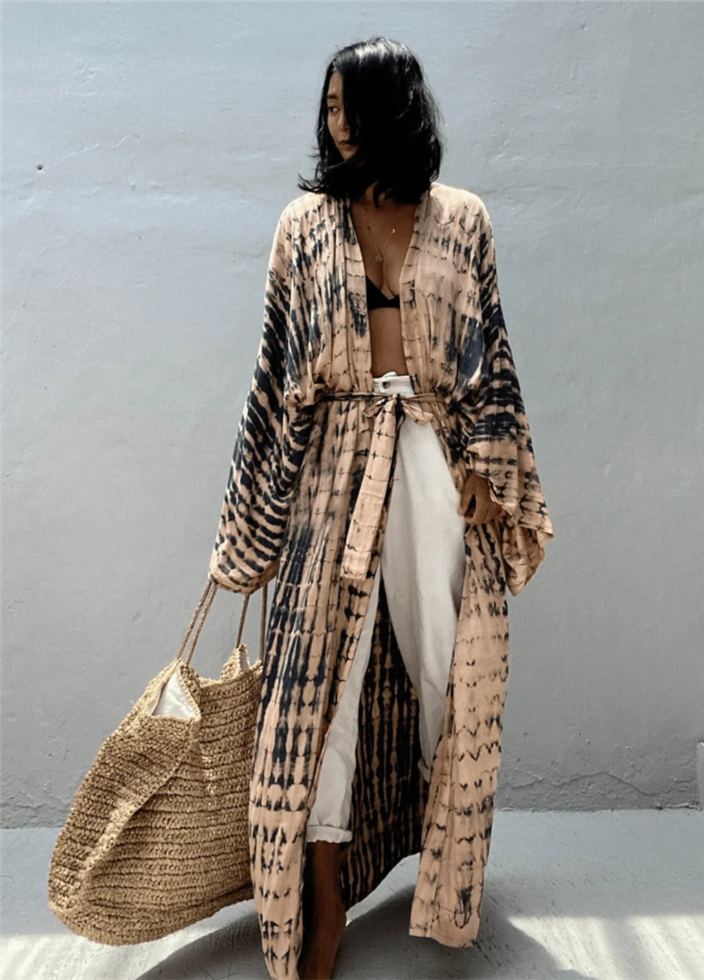 Kimono long mode bikini avec ceinture Beige rayé