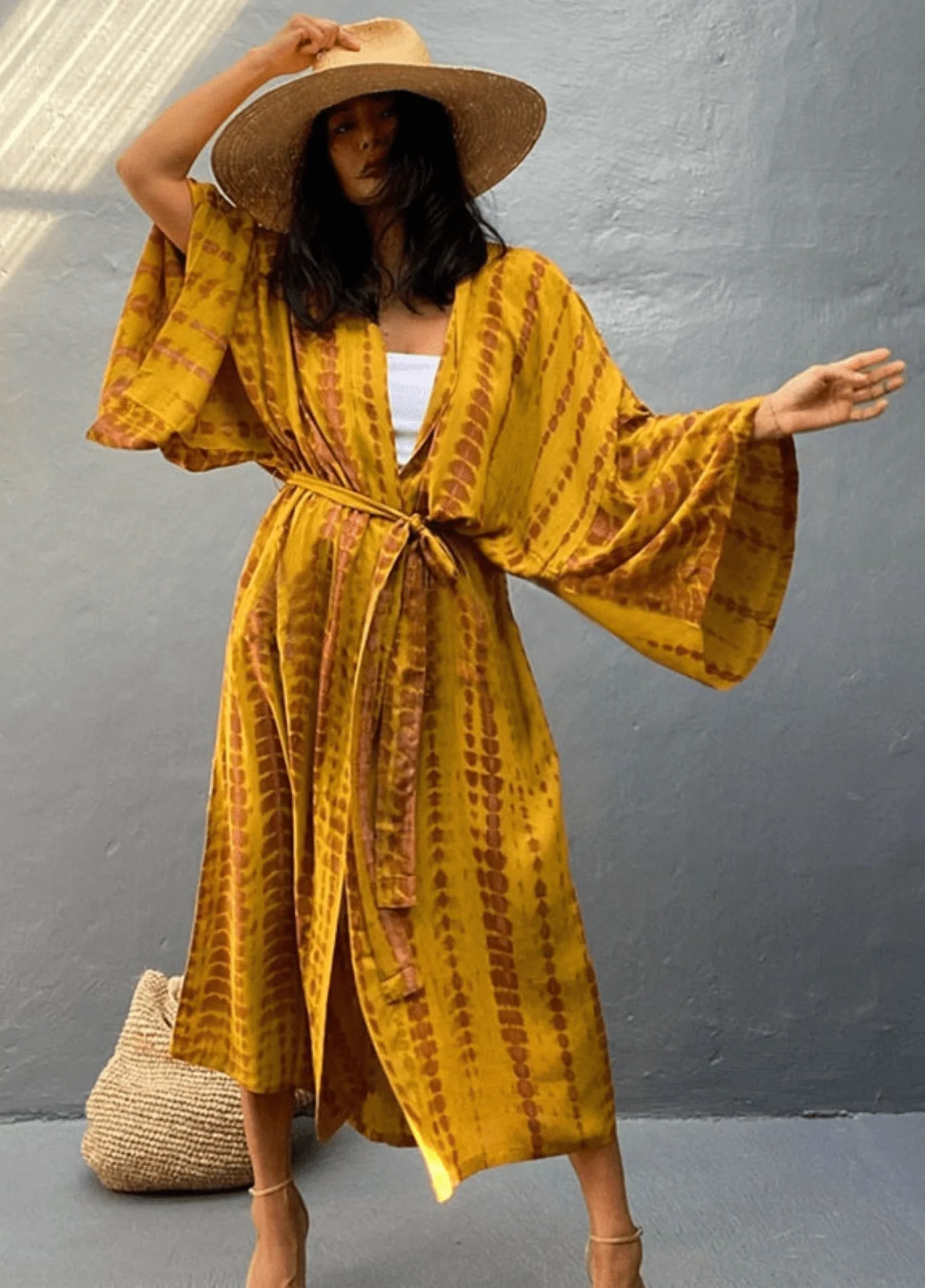 Kimono long mode bikini avec ceinture jaune rayé