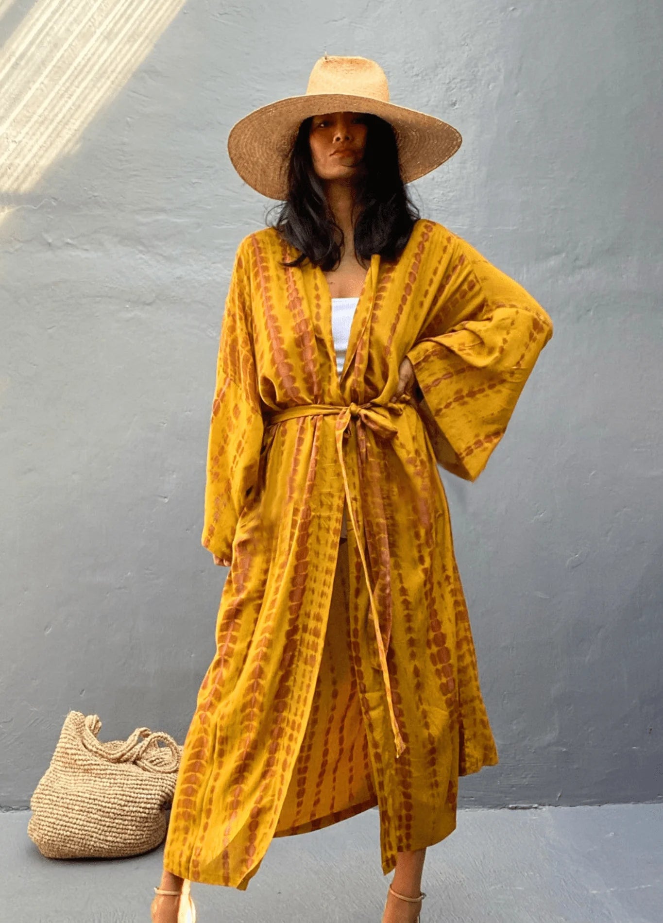 Kimono long mode bikini avec ceinture jaune rayé