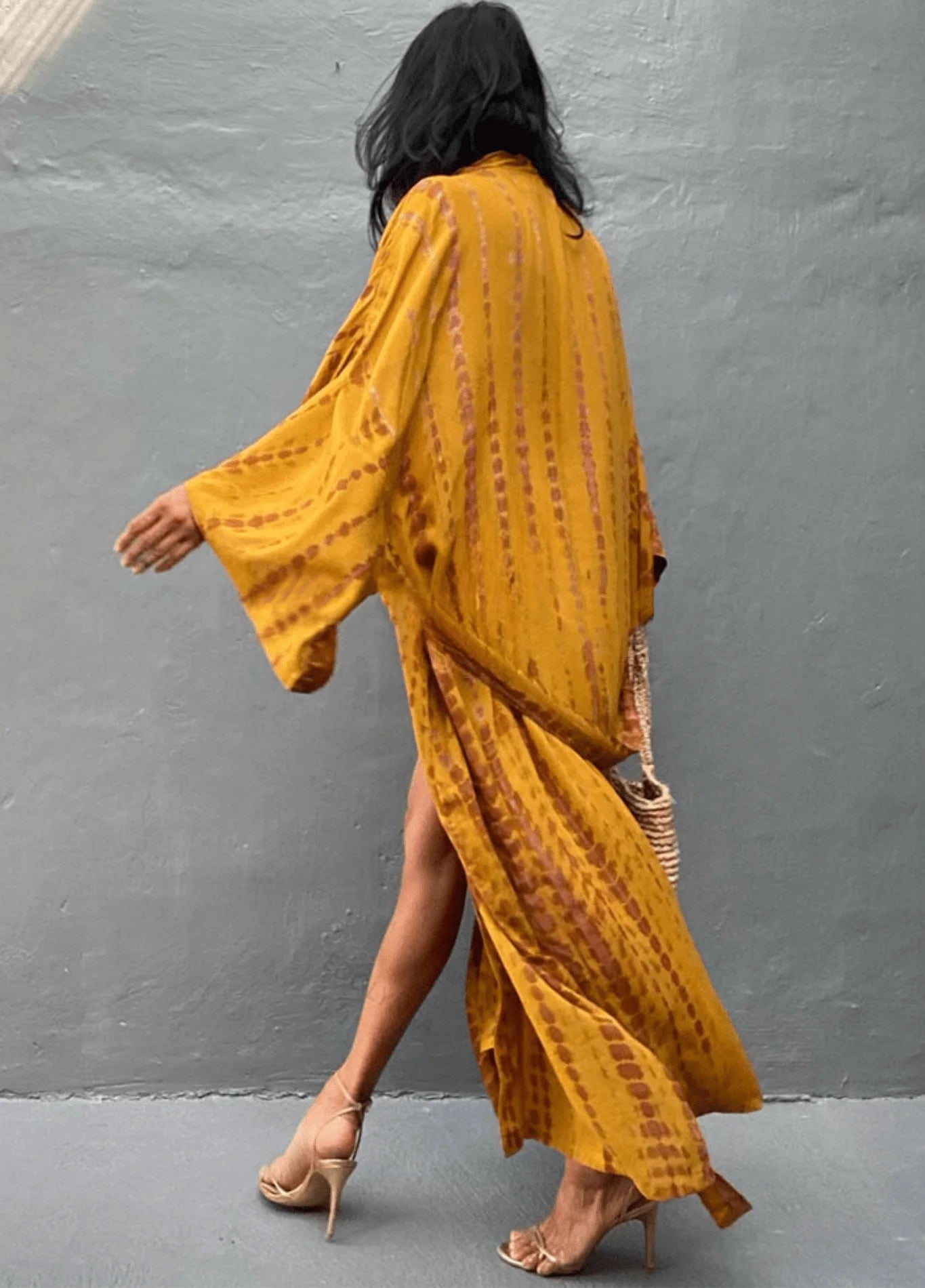 Kimono long mode bikini avec ceinture jaune rayé