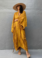 Kimono long mode bikini avec ceinture jaune rayé