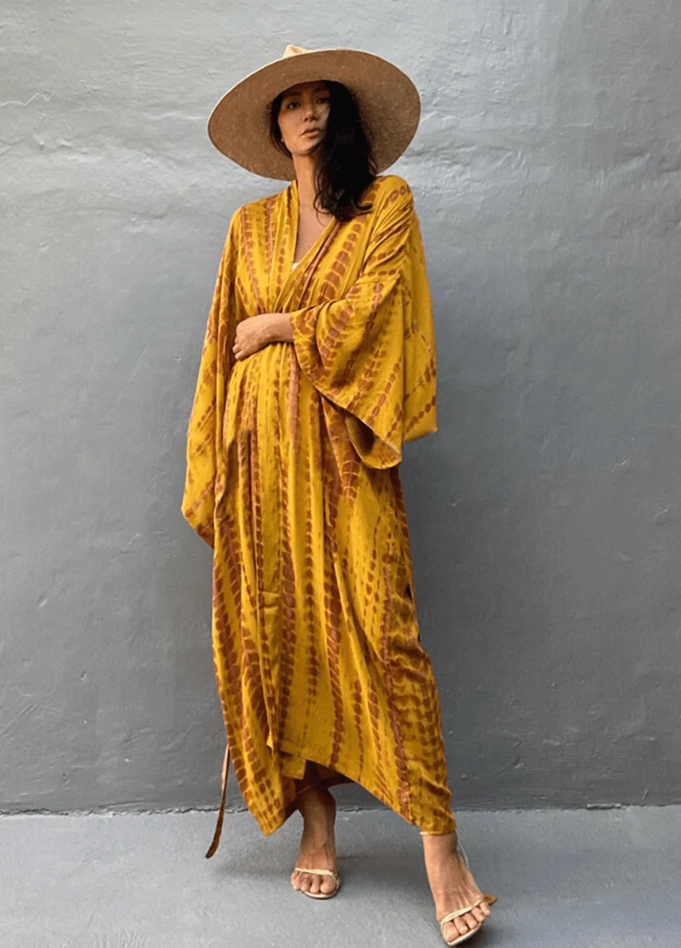 Kimono long mode bikini avec ceinture jaune rayé