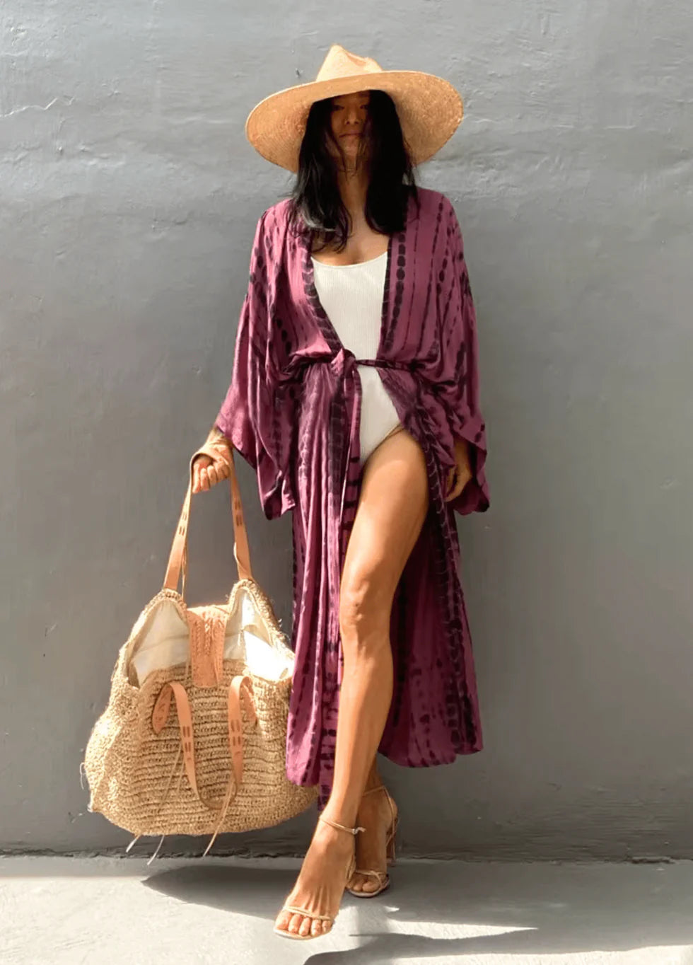 Kimono long mode bikini avec ceinture violet rayé
