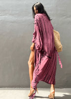Kimono long mode bikini avec ceinture violet rayé