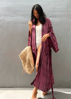 Kimono long mode bikini avec ceinture violet rayé