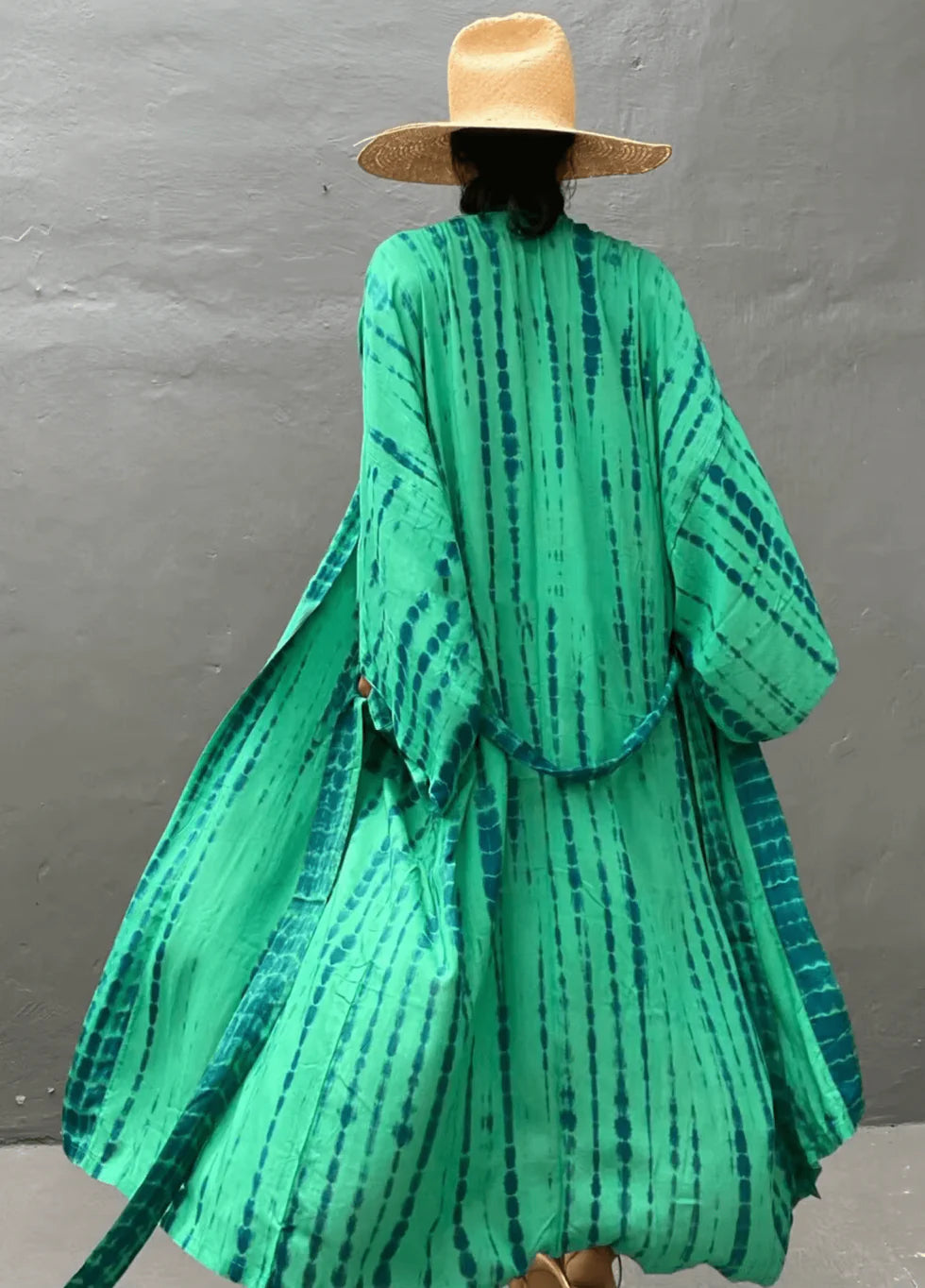 Kimono long mode bikini avec ceinture Vert claire rayé